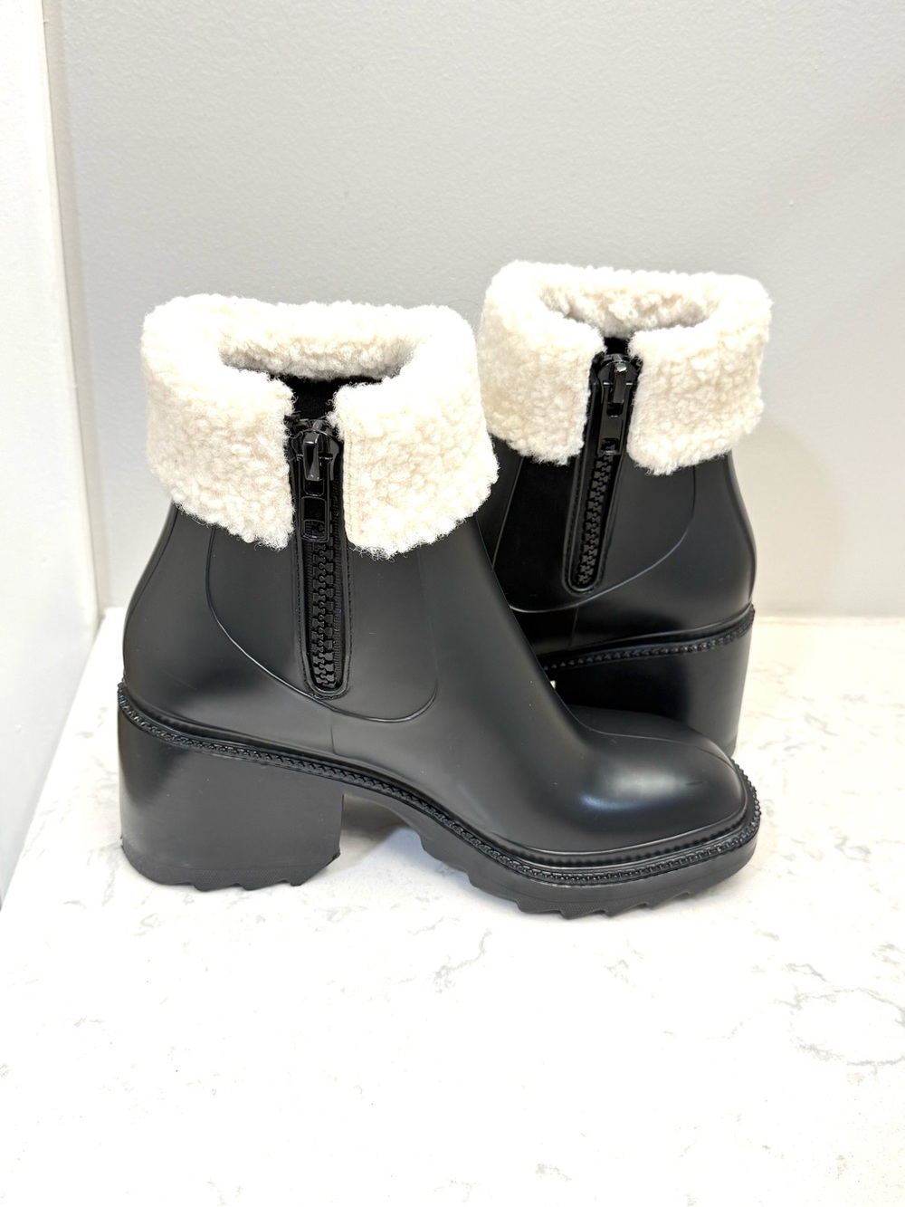 INC International Concepts Black Ankle Rain Boots with Cream Faux-Shearling Cuff